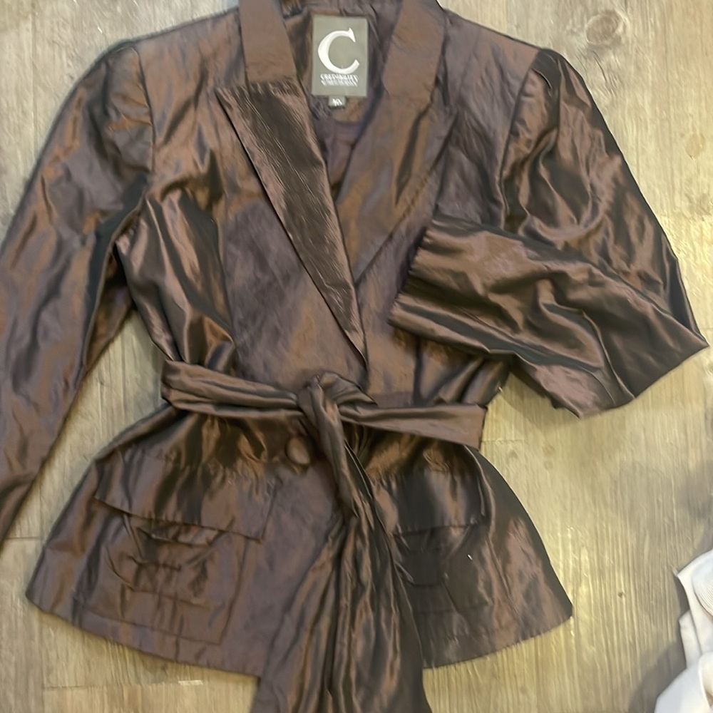 Bronze Brown SATIN Jacket w  sash belt sz 10